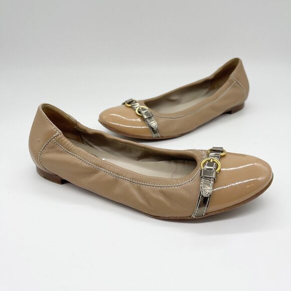 AGL Leather Cap Toe Buckle Flats Size 38.5 Tan Patent Leather‎ Round Toe - Picture 1 of 10